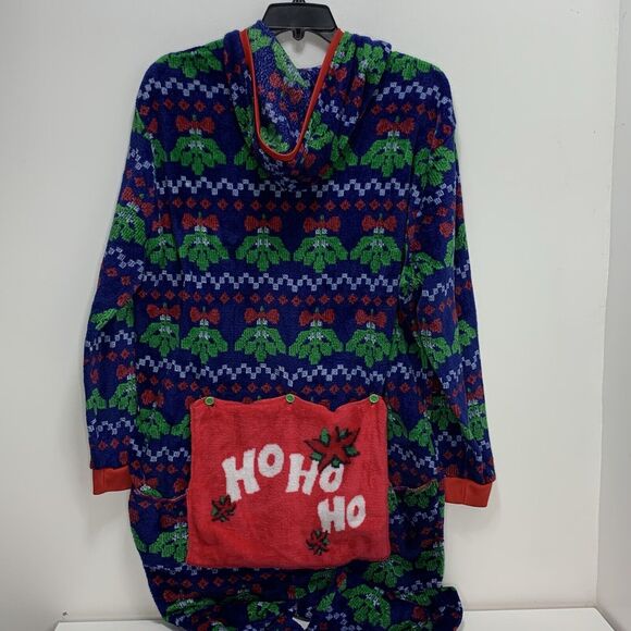 One Piece Kiss Me Christmas Mistletoe Drop Drawer Pajamas w/ Hood XXL Fuzzy - Picture 7 of 8